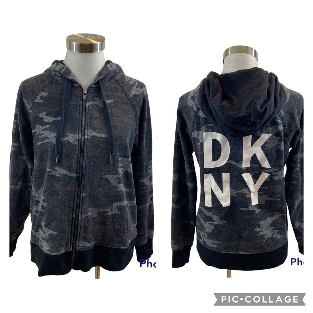 Ladies DKNY Sport Full Zip Black Grey Camo Hoodie Sweatshirt Size Small